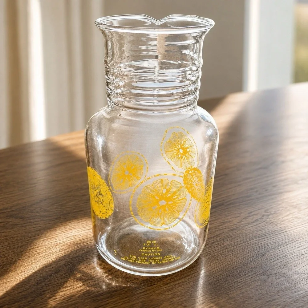 Vintage Pyrex 3520 2 Qt 2L Yellow Citrus Pattern Glass Carafe Pitcher No Lid